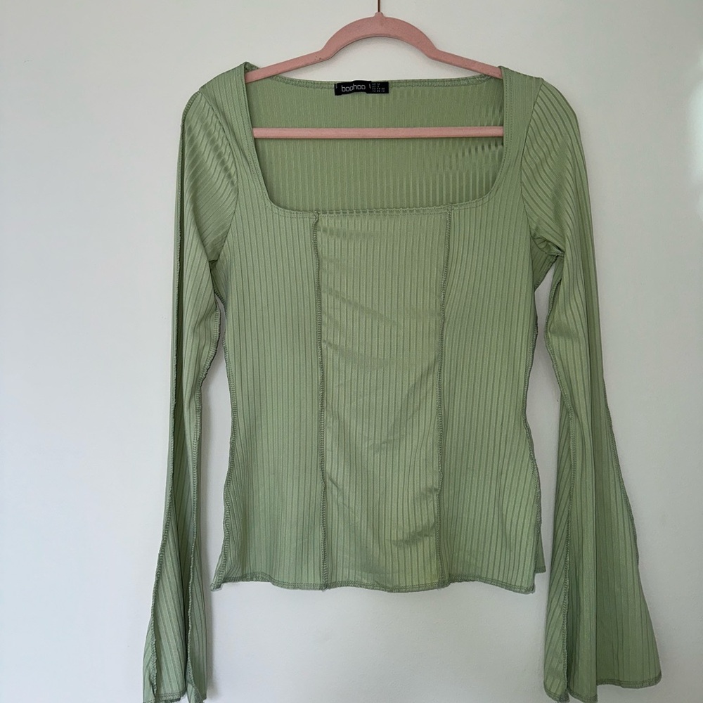 Boohoo Green Ribbed Fitted Top